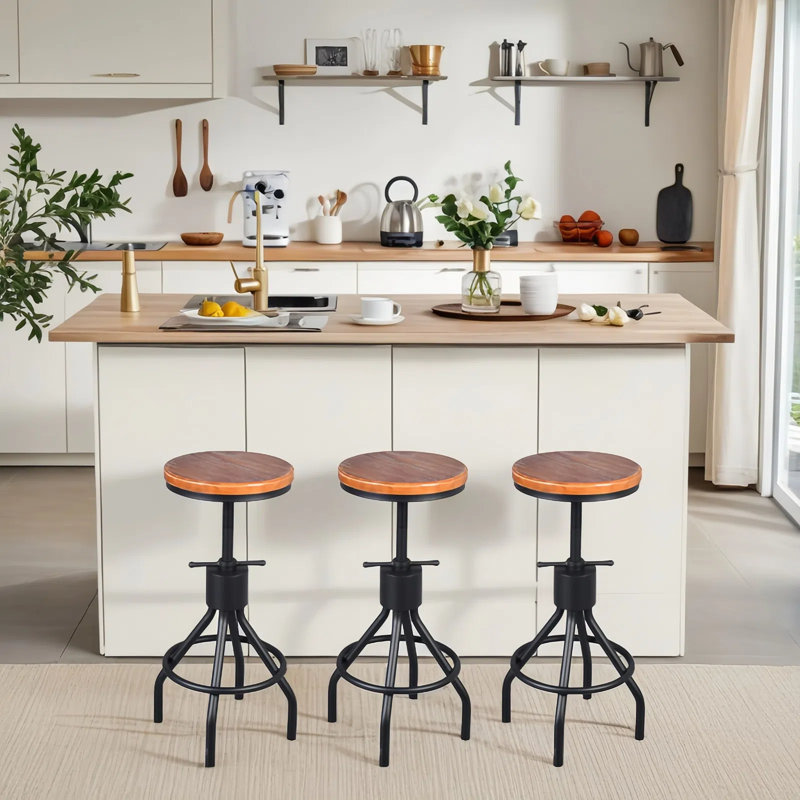 Tabouret de bar pivotant en bois massif à hauteur réglable, Siège brun / cadre noir, 2