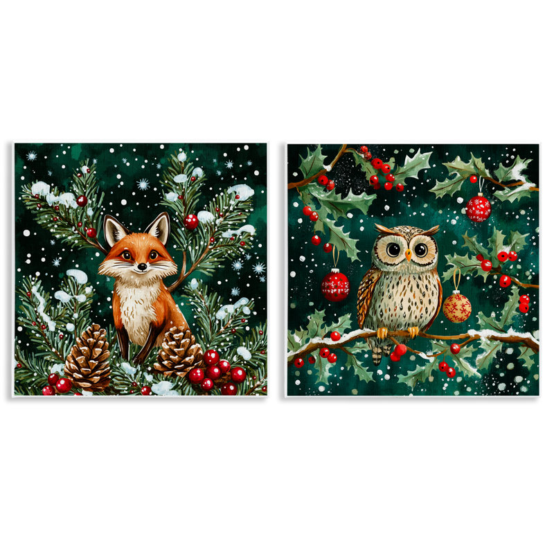 Ensemble de 2 plaques murales Winter Snowfall Fox & Owl, design par Yen