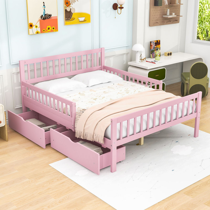 Lit plateforme en bois Hael avec tiroirs de rangement doubles et garde-corps de sécurité, Double, Rose