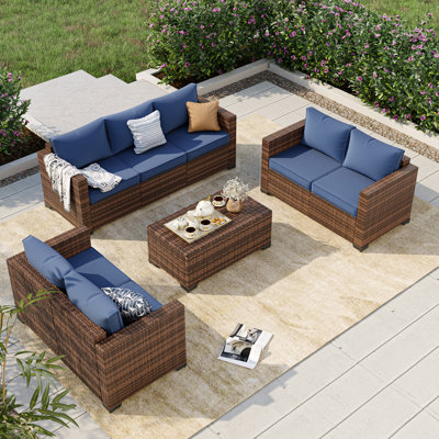 Fille 4-Piece Spacious Armrest Outdoor Sectional Rattan Conversation Set with Storage Table