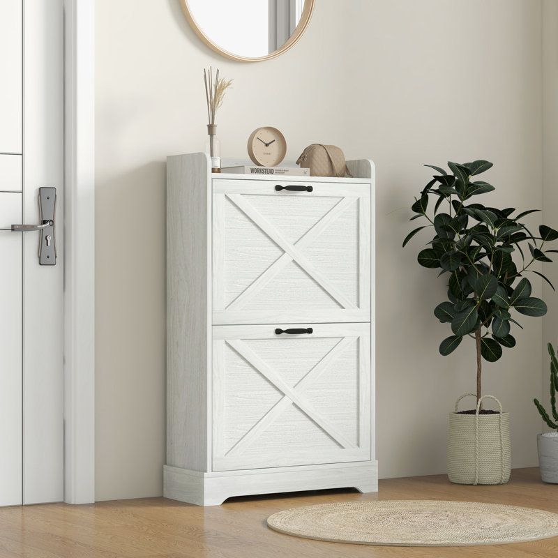 Slim Shoe Cabinet For Entryway, Farmhouse Hidden Shoe Storage Cabinet With 2 Flip Drawers And Adjustable Shelves For 8 Pairs Of Shoes