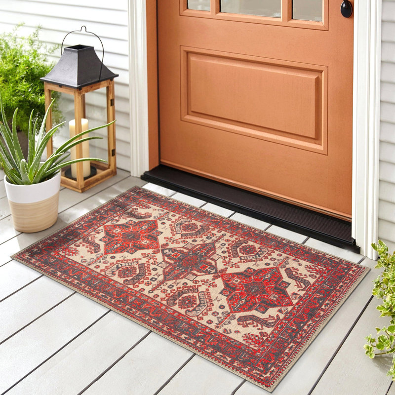 GLN Rugs Vintage Collection - Machine Washable Area Rug, Vintage Washable Rug, Non Slip Area Rug, Low Pile Living Room Rug, Bedroom Rug, Bathroom Rug - Easy Clean (Red and Black Rug)