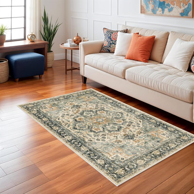 Tapis lavable Vintage - Tapis de salon oriental de style campagnard antidérapant antidérapant pour chambre à coucher, salle à manger, bureau à domicile (bleu vert / orange)