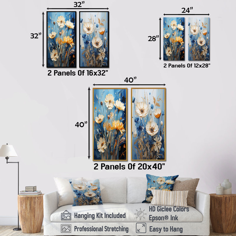 «White Calm Cornflowers Meadows I», ensemble de 2 reproductions d'art mural, H 28 po x l 25 po, Toile tendue