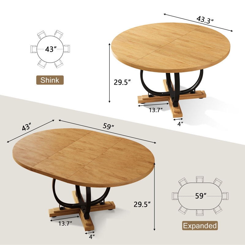  59”extendable Round Dining Table For 4-8 ,dining Room Table With X-shaped Heavy Duty Metal Base,thickened Mdf Board,modern Kitchen Dining Table,space Saving,oak