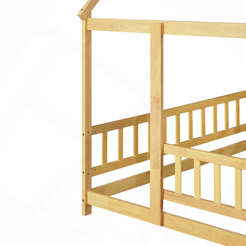 Lit en bois avec structure de toit et garde-corps de sécurité, Simple, Naturel