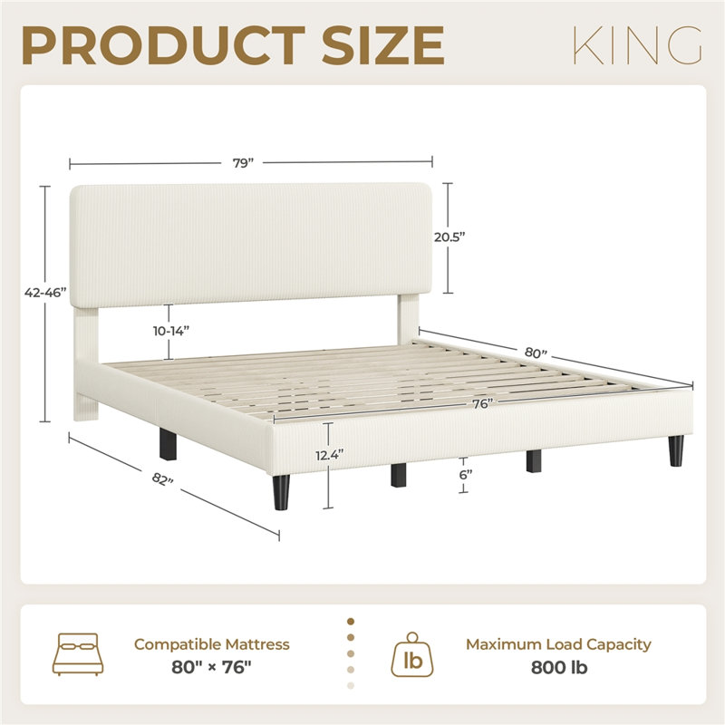 Upholstered Bed Frame with Adjustable Headboard, Beige, King
