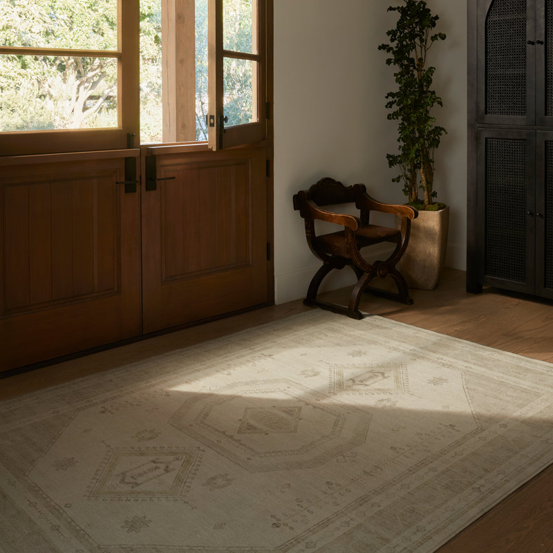 Système de tapis et de coussins lavables 2 pièces ivoire et naturel Shira, Rectangle 5 pi x 7 pi