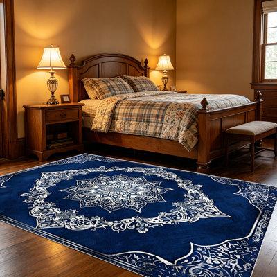 Tapis d'intérieur de style persan 1 médaillon bohémien bleu marine rétro pour salon, doux, toutes saisons, facile à entretenir, lavable, convient pour la salle à manger, la chambre à coucher, l'entrée, le bureau personnel, le patio, le porche, la décoration intérieure et extérieure.