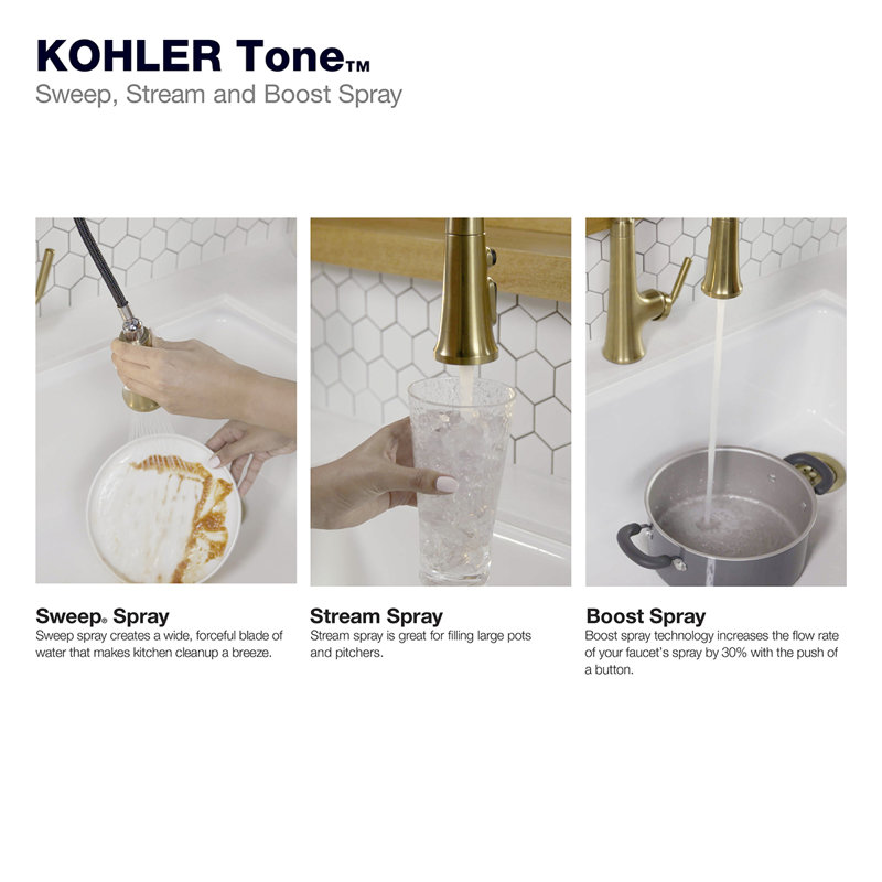 Tone Touchless Pull-Down Kitchen Sink Faucet with Three-Function Sprayhead, Matte Black/Moderne Brass
