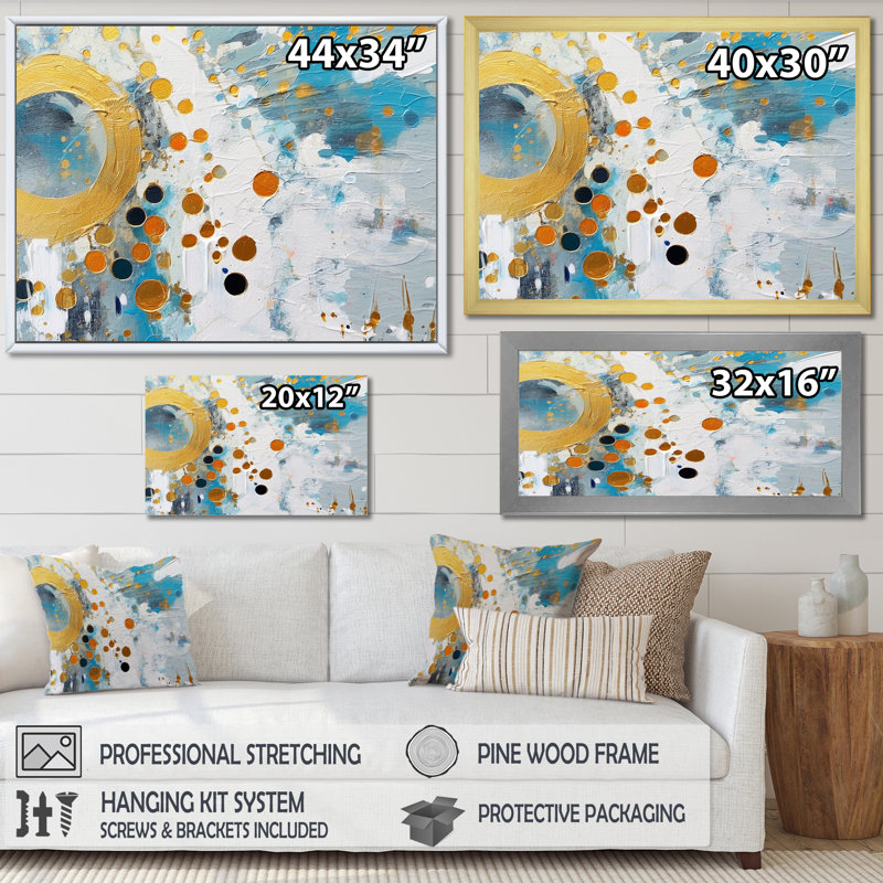 Combat abstrait sur toile bleu sarcelle et doré, Cadre simple noir, H 34 po x l 44 po x P 1,5 po