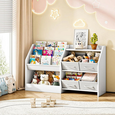 Bibliothèque à 3 niveaux avec sangles en tissu Oxford et 4 tiroirs - Organisateur de rangement pour jouets, bibliothèque pour tout-petits pour chambre de bébé, chambre à coucher et salle de jeux, blanc
