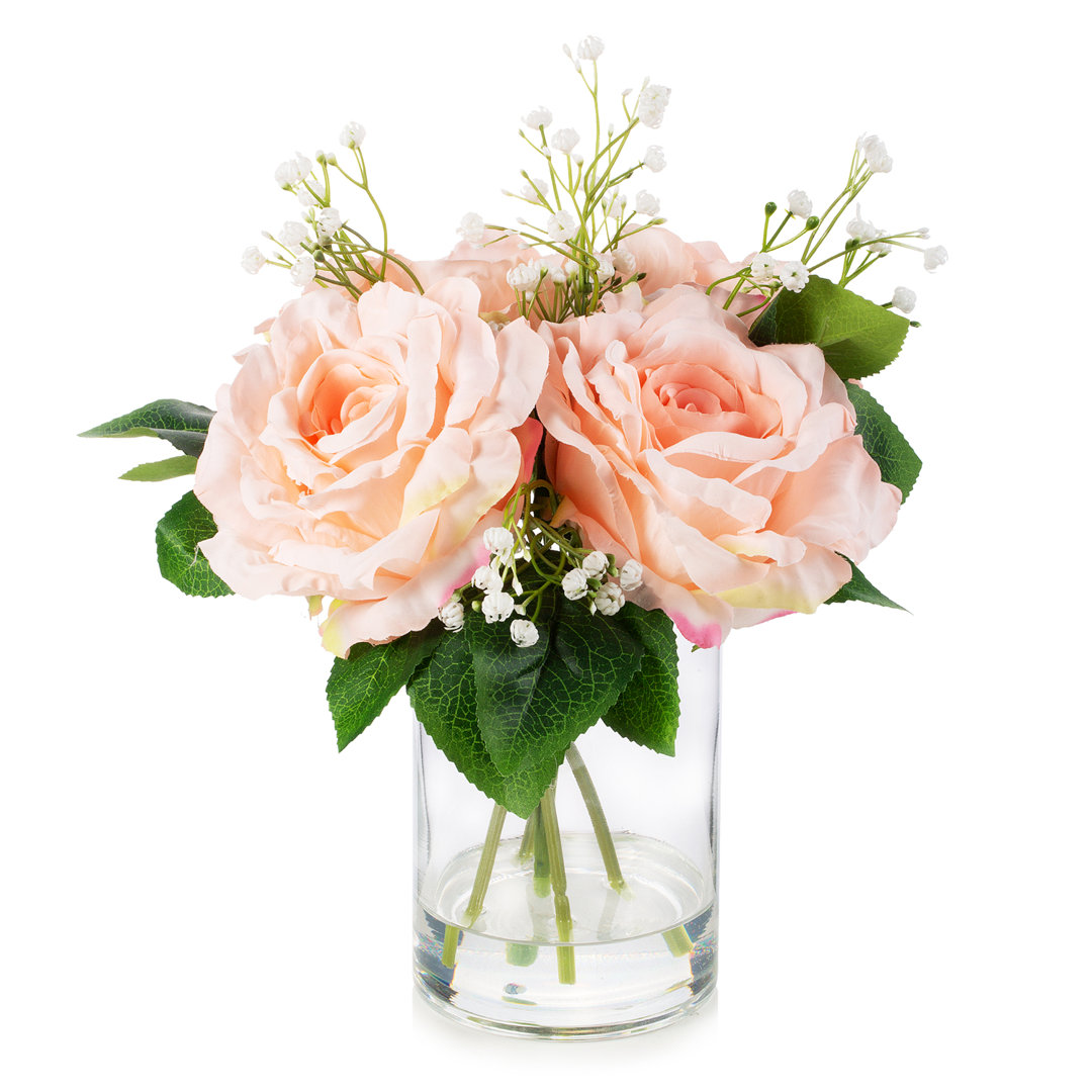 Silk Rose Arrangement in Vase Primrue Flowers/Leaves 