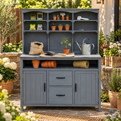 Îlot de cuisine et banc de rempotage avec huche 65 po x l 45,3 po x P 20,5 po, grand poste de travail de jardin en bois massif avec 2 armoires