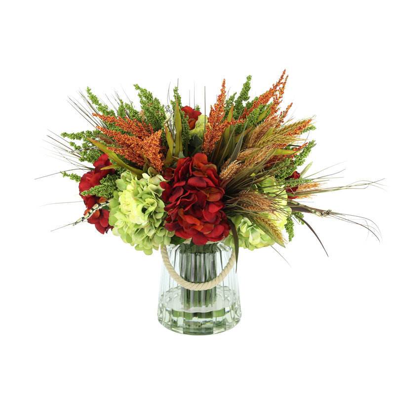 Heather and Assorted Hydrangeas in Glass Vase