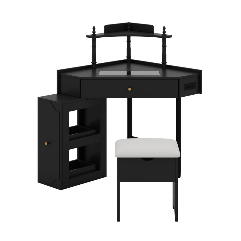 Corner Vanity Desk With Glass Top Charging Station Makeup Vanity Table With Storage Stool Extendable Pull-Out Cabinet, Black