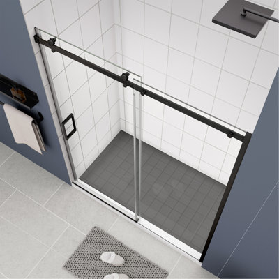 Premium Glass Shower Door, Sliding Door, With 5/16" Tempered Glass And Matted Black Finish