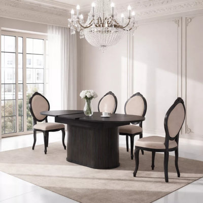 Extendable Black Dining Table With Striped Legs Suitable For Living Room Kitchen
