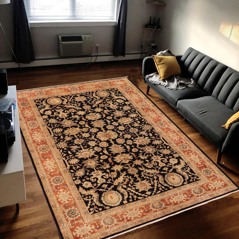 Tapis oriental noir / rouge / jaune en laine noué à la main 8 pi 1 po x 12 po Oriental