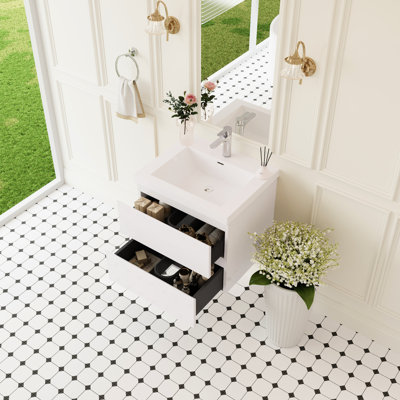 Meuble-lavabo flottant 24 po, lavabo à surface solide, tiroirs à fermeture en douceur, blanc brillant, bois d'œuvre de haute qualité pour meuble-lavabo mural avec lavabo, design minimaliste moderne, peu encombrant