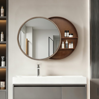23.62" Sliding Round Wall Mirror With Storage Shelves - 2-Tier Wooden Side Cabinet