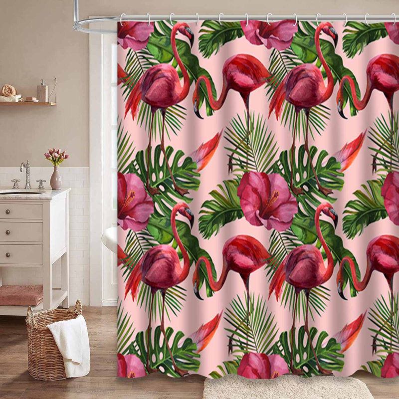 Aquarelle de flamants tropicaux dessinés dans la jungle, tissu de fleurs de la nature avec 12 crochets, L 72 po x l 84 po