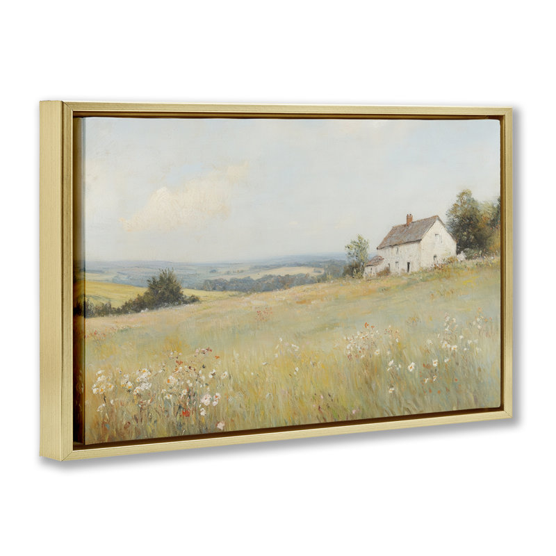 Cadre flottant Little House Prairie Landscape, par Petal Prints Design, H 17 po x l 25 po, Cadre flottant métallique doré
