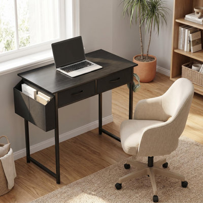 Bureau d'écriture moderne à 2 tiroirs avec sac de rangement latéral suspendu pour petit espace, appartement, bureau personnel et bureau