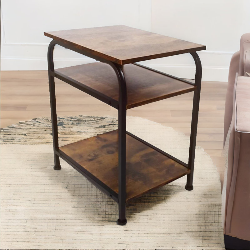 Aishlin Rustic 3 Tier Side Table with Metal Frame and Storage Shelves End Tables Living Room
