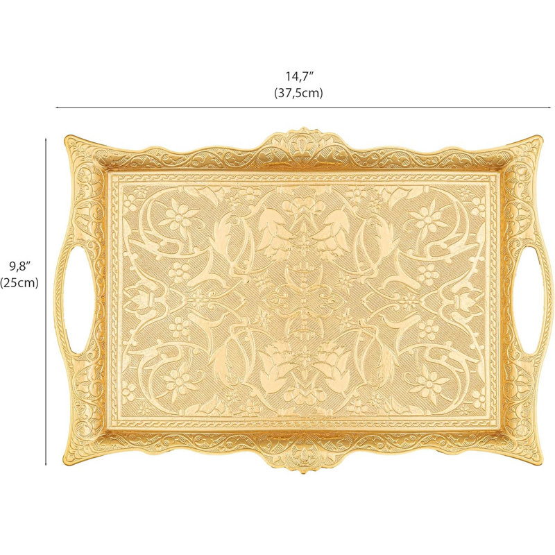 Gold Ottoman Turkish Zamak Serving Tray with Intricate Motifs