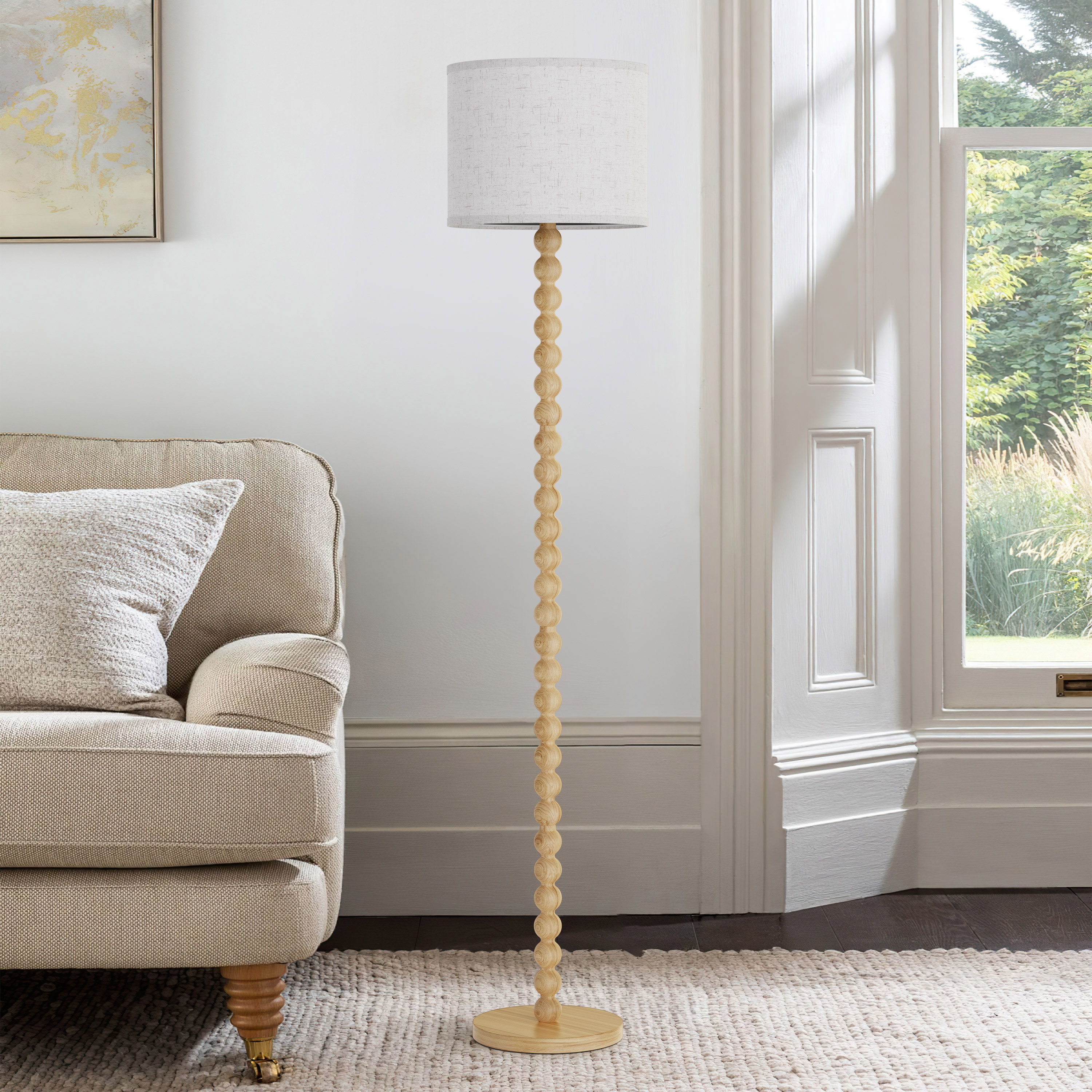 Solid Wood Traditional Floor Lamp With Beaded Column, Include 3-color Bulb - Natural