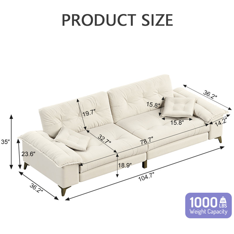 Canapé 104,7 po à 4 places avec accoudoirs amovibles et 2 coussins, Beige
