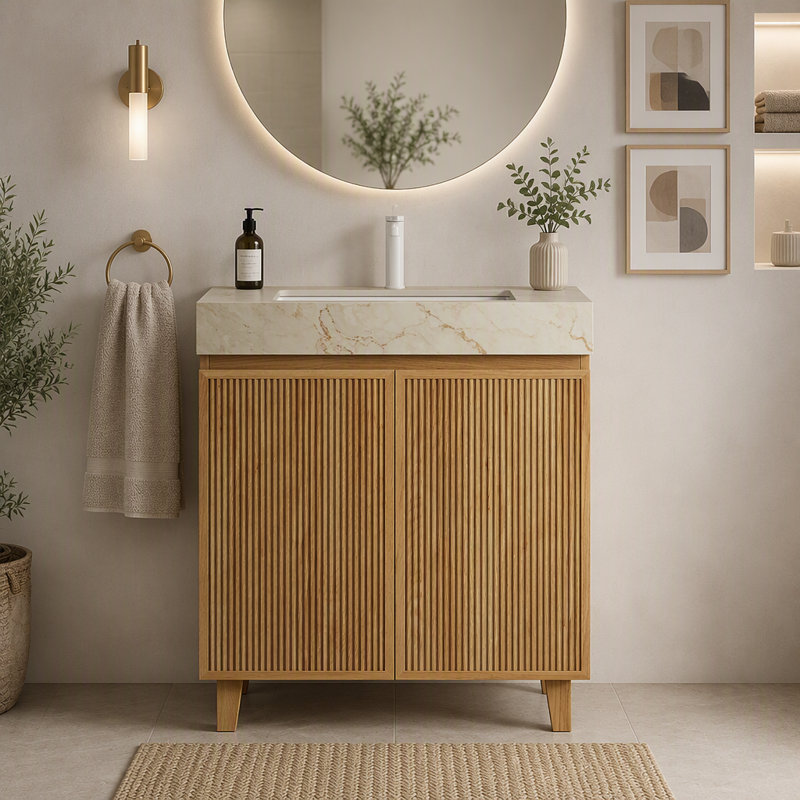 Meuble-lavabo autoportant de 76 cm (30 pouces) avec comptoir en pierre frittée couleur crème veinée or, lavabo en céramique et un trou pré-percé pour robinetterie.