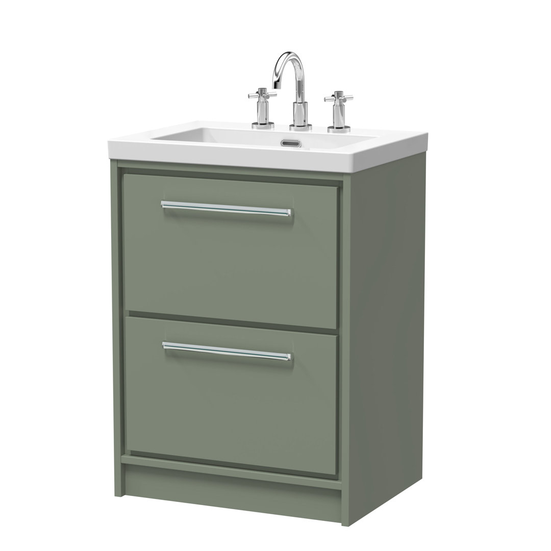 Hudson Reed Lille 600mm Fern Green 2 Drawer Floor Standing Vanity Unit With 3 Tap Holes Fireclay Basin