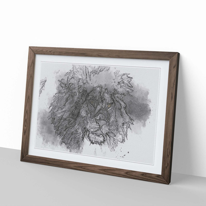 Lion with Piercing Eyes in Abstract - Picture Frame Graphic Art Print, 40cm H x 60cm W x 2cm D, Walnut