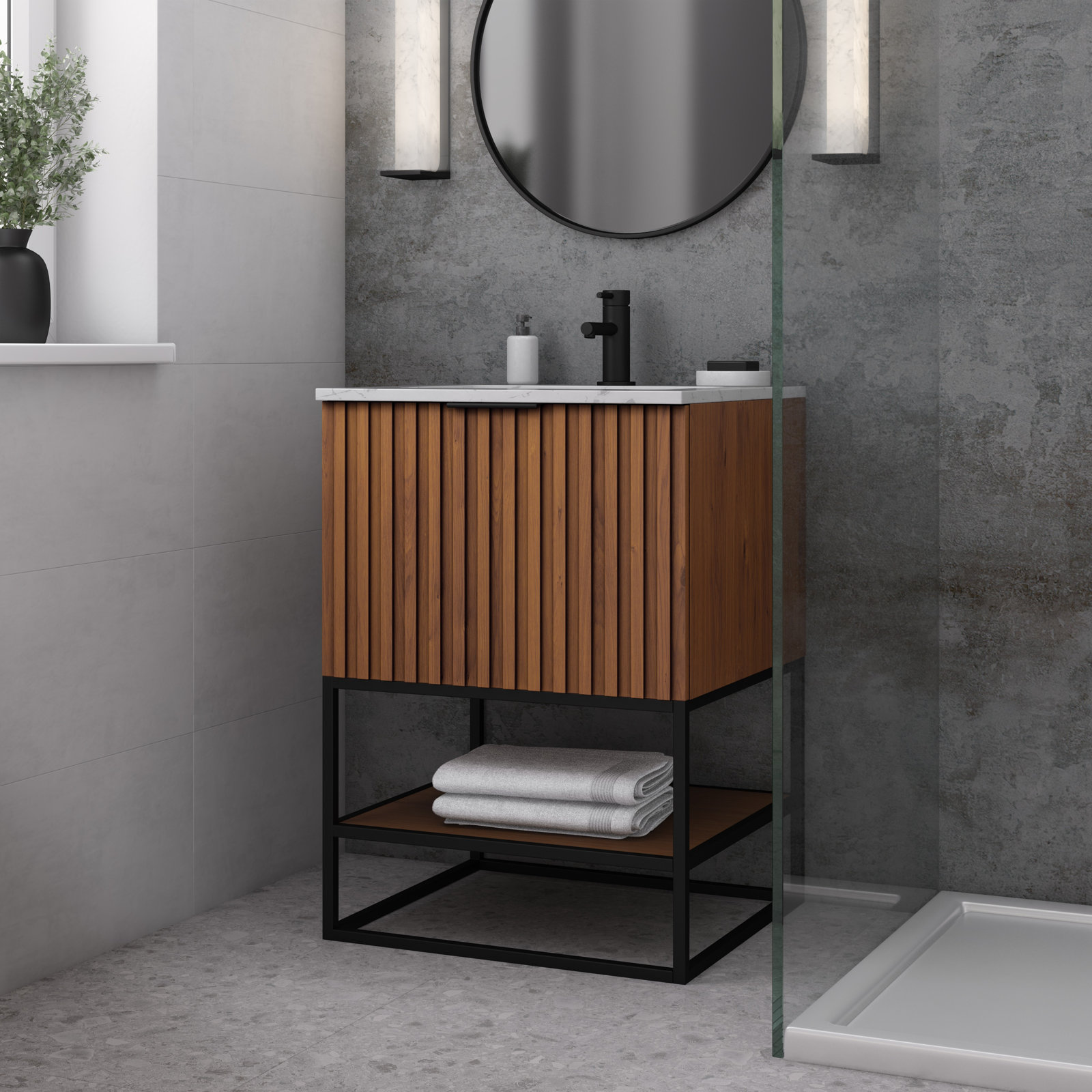Terra 27" Carrara Marble Single Bathroom Vanity, Matte Black, Carrara Marble/Single Faucet Mount