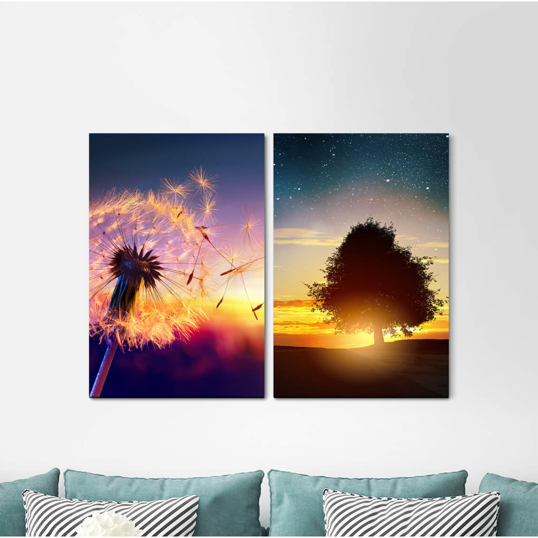 2-tlg. Leinwandbilder-Set - Grafikdruck „Blowball Tree Starry Sky Oak Evening Red Sunset Summer Night”