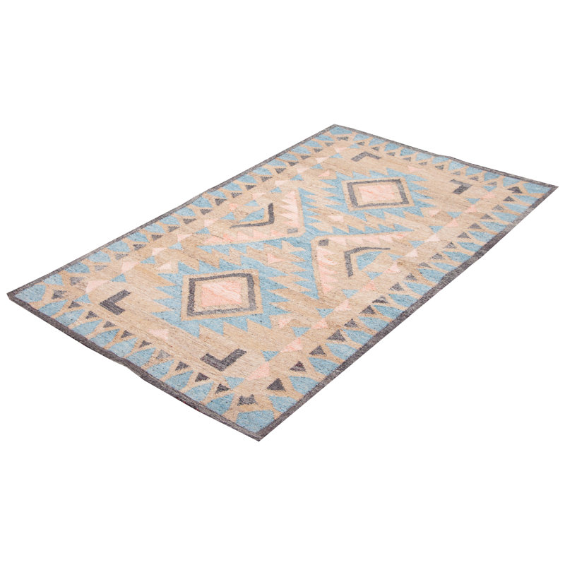Tapis oriental oriental en laine bleu clair / beige / gris tissé à plat à la main 5 pi 1 po x 8 pi 5 po
