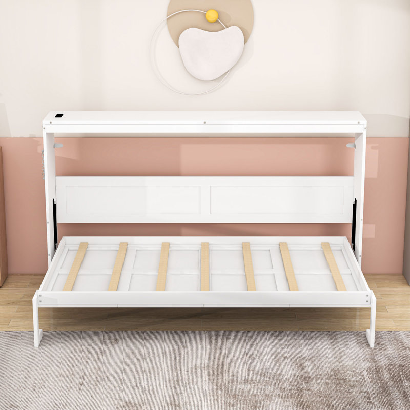 Lit escamotable en bois avec prise USB et lumières, Lit simple, Blanc