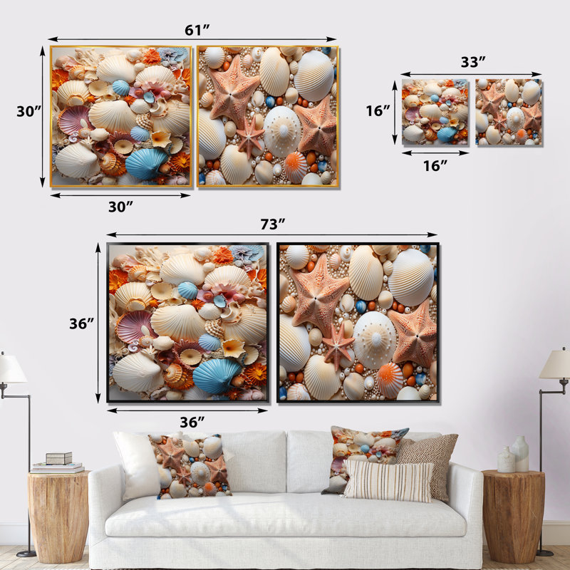 Photo de plage, coquillages ensoleillés - ensemble de 2 carrés de plage, Toile tendue, H 16 po x l 33 po