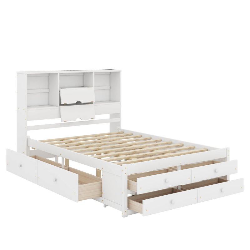 Grand lit plateforme avec tête de lit et tiroirs, Grand lit, Blanc