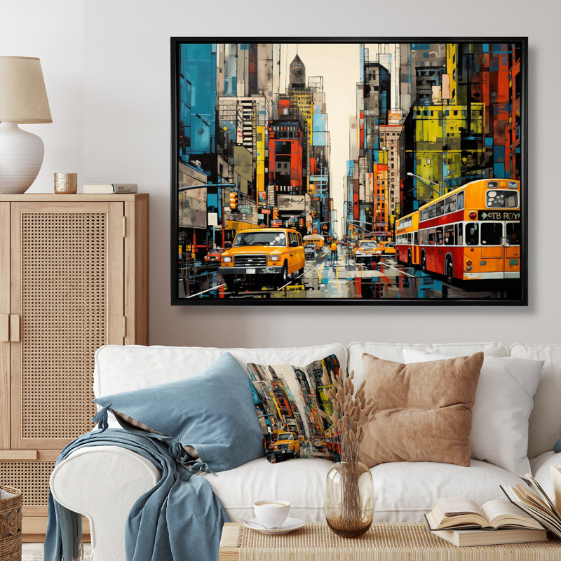 Pop Art Cityscape Manhattan At Night - Cityscapes Canvas Art Print, H 16 po x l 32 po x P 1 po, Cadre flottant noir