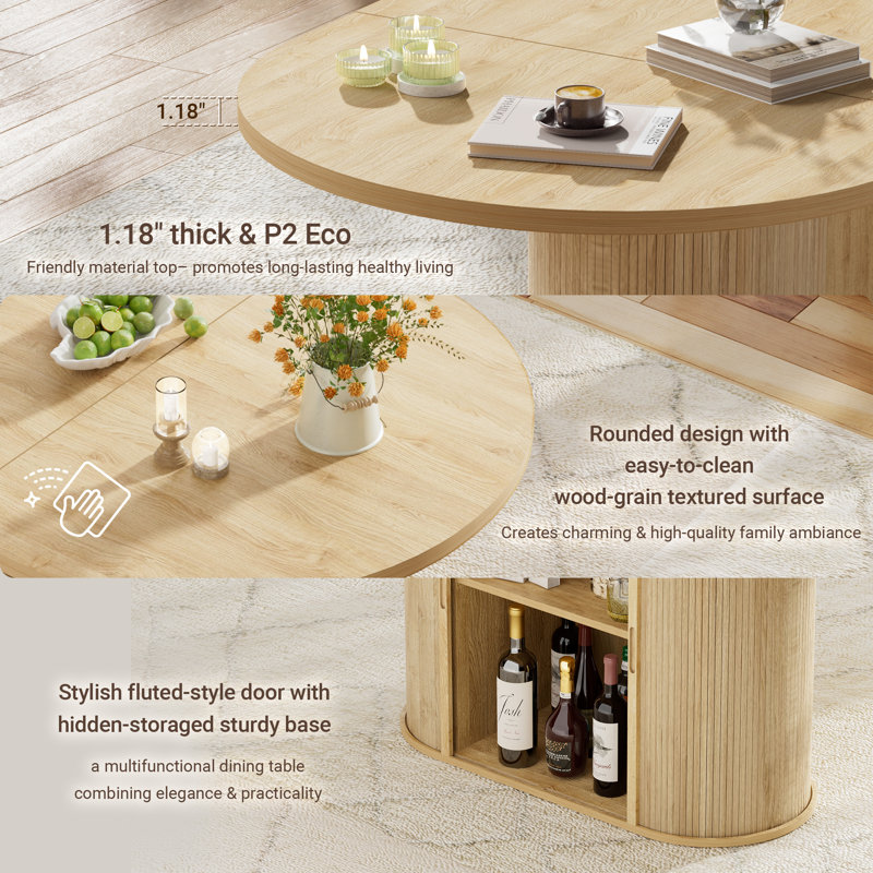 70x36 Extra Deep Dining Table for 6-8 with Fluted Base and Large Storage Cabinet Farmhouse Kitchen Dinner Table for Dining Room Kitchen