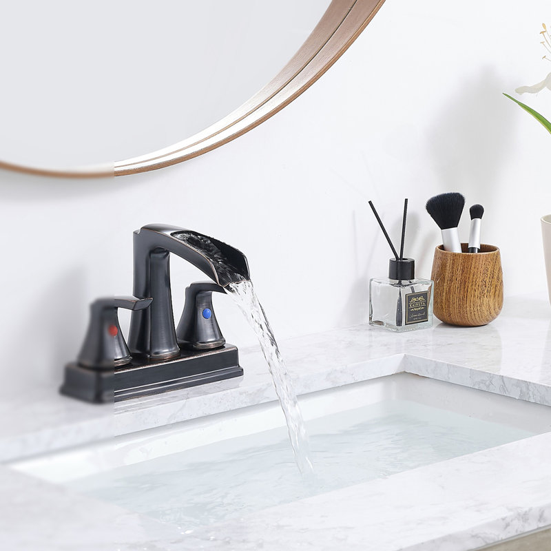 Matte Black Bathroom Faucet - 4 Inch Centerset Waterfall Faucet With 2 Handles, 360 Degree Swivel Spout, 3 Hole Sink, Pop Up Drain