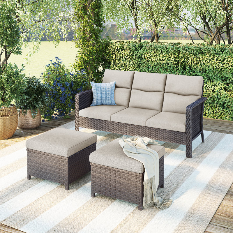 3pcs Modern Pe Rattan Outdoor Sofa Set With 2 Ottoman, Beige