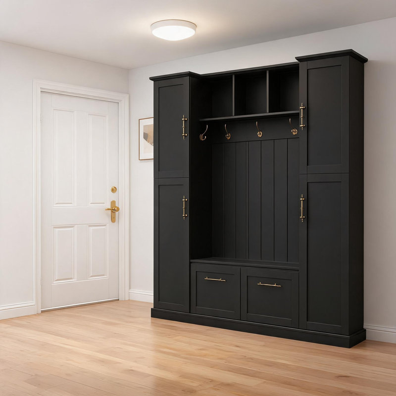 Farmhouse Style Black Foyer Combination Cabinet, Equipped With Benches, Hooks, Side Cabinets, And Storage Compartments, Suitable For Use In The Entrance Hallway