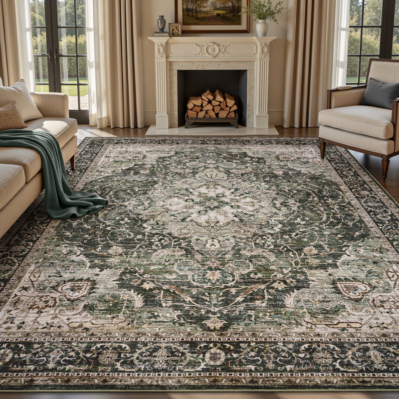 Soft Vintage Floral Non-Slip Washable Area Rug For Living Room, Bedroom Forest Green, Retangle 9' x 12', Beige/Green/Taupe