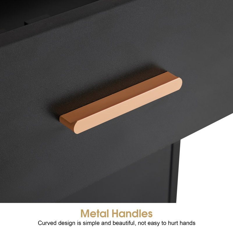 Black Double-Sided Cabinet with Gold Handles and Glass Top