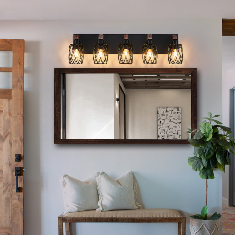 Industrial Vintage 5 - Wall Sconce 31 Inches Long Black Cage Lighting With Rustic Wood For Bathroom, Hallway, Bedroom, Ideal Mirror Areas, Hard Wired, Compatible Led And Incandescent Bulbs Inch Metal