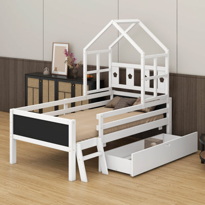 Kids’ Bedroom House Bed – Solid Wood Platform Frame, Ladder, 2 Blackboard Designs & Storage Drawers (No Box Spring Needed)